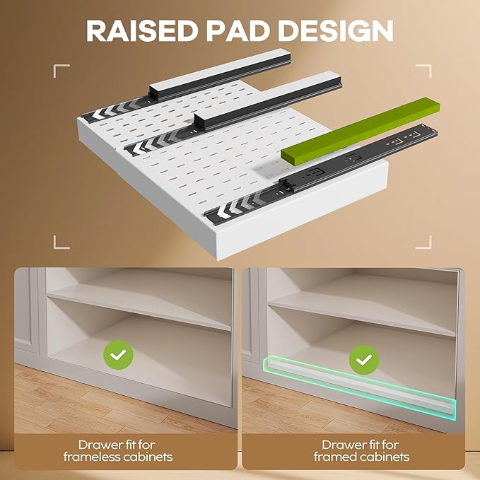 4 Pack Pull out Cabinet Organizer 21"Deep with Raising Pad for Framed Cabinets, Expandable Slide out Drawers for Kitchen Cabinets with 4pcs Divider Racks, Roll out Shelves 12.1"-20.4" W White