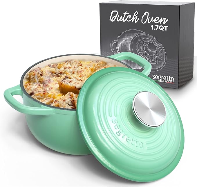 Segretto Cookware Enamel Dutch Oven Cast Iron with Handle Verde Chiaro (Light Green) 1.7 Quarts Enameled Cast Iron with Lid Oven Cookware Pot 1.7 qt Small Dutch Oven for Bread Baking
