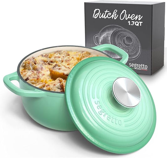 Segretto Cookware Enamel Dutch Oven Cast Iron with Handle Verde Chiaro (Light Green) 1.7 Quarts Enameled Cast Iron with Lid Oven Cookware Pot 1.7 qt Small Dutch Oven for Bread Baking