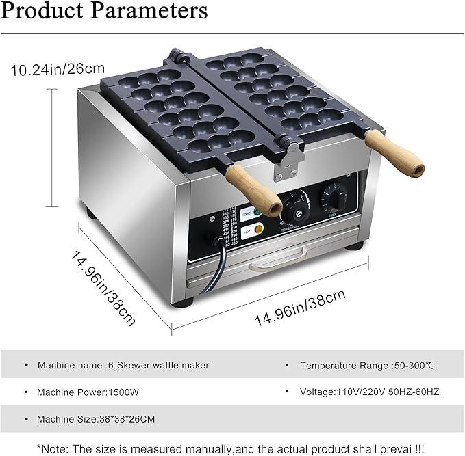 110V 1500WCommercial Electric Bubble Skewer Waffle Ball Machine 6-Grid Teflon Non Stick Pan Stainless Steel Belgium Waffle Ball Stick Maker