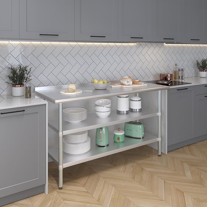 AmGood Stainless Steel Work Table with 1.5" Backsplash and 2 Shelves | NSF (60" Long x 24" Deep)