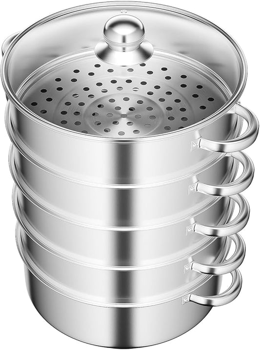 5-Tier Stainless Steel Steamer, Steamer Cookware 10.23-Inch Internal Diameter 4 Steaming Grids and 1 Cooking Pot with Round Handle Each Tier Capacity Bearing 15 Kg/33.06 Lbs for Various Stoves