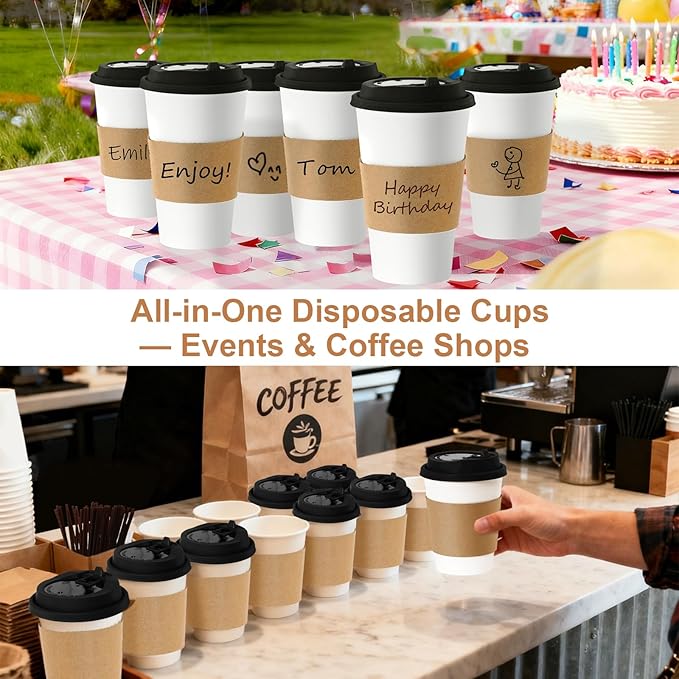 20 oz 100 Pack Coffee Cups with Lids and Sleeves, Straws, Hot Disposable To Go Travel Paper Cups Bulk for Office, Home Coffee Bar Accessories, Chocolate, Cocoa, Beverage (White)