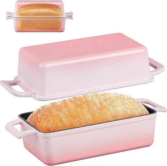 P&P CHEF 2-In-1 9 x 5 Inch Cast Iron Loaf Pan with Lid (Pink), Bread Loaf Pans for Baking Homemade Sourdough Bread, Meatloaf, Toast, Cake, Nonstick & Healthy & Sturdy, 2 Piece Set