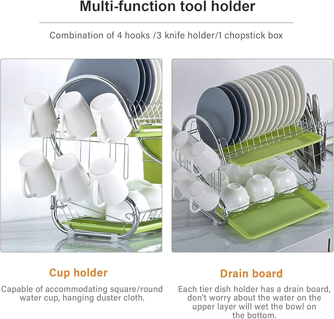 2 Tier Dish Racking System with Removable Drain Board - Sturdy Steel Kitchen Counter Organizer for Efficient Drying and Utensil Storage