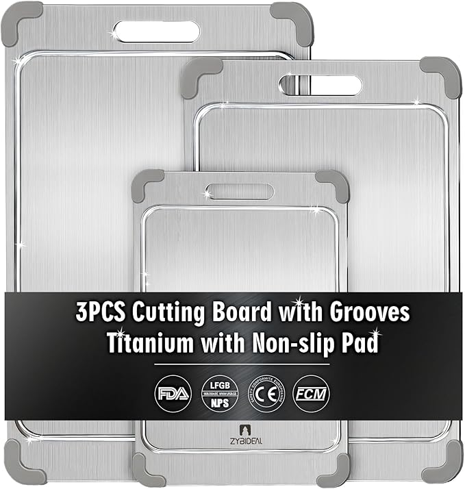 3Pcs 100% Pure Titanium Cutting Board with Grooves, Update Double Side Titanium Chopping Board, Silicone Anti-slip Stainless Cutting Boards Set for Kitchen, Grey