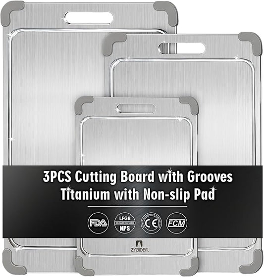 3Pcs 100% Pure Titanium Cutting Board with Grooves, Update Double Side Titanium Chopping Board, Silicone Anti-slip Stainless Cutting Boards Set for Kitchen, Grey