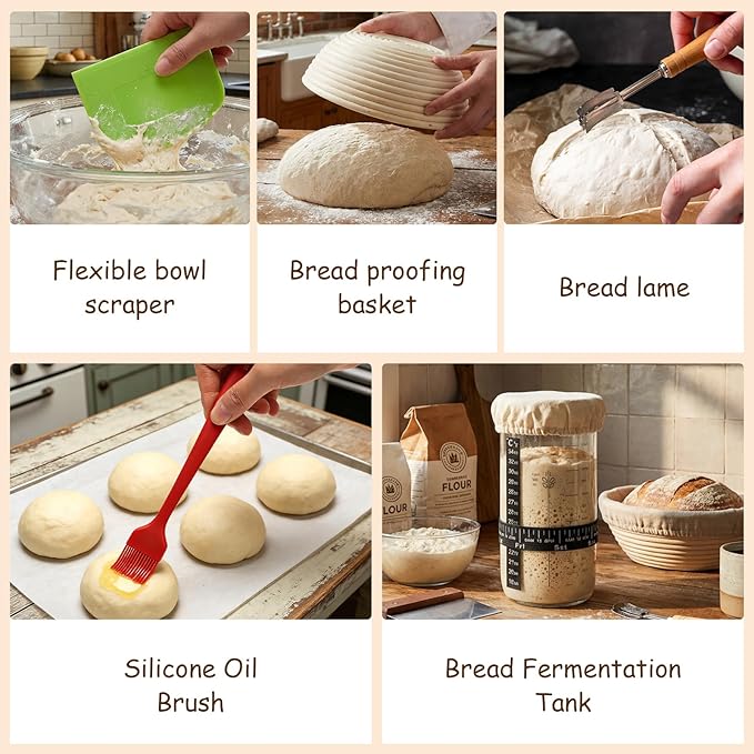 Sourdough Starter Kit Includes Round and Oval Proofing Baskets, Bread Hoops, Fermentation Jars, Dough Scrapers, Molds, and Storage Bags, A Complete Set of Bread Baking Tools (56PCS)