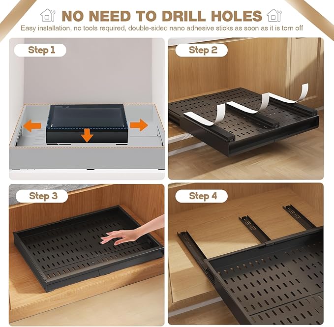 2 Pack Pull Out Cabinet Organizer With Raising Pad for Framed Cabinets,Expandable Width (13"-21") and Depth (17"-24"),3 Slide Rails Slide Out Drawers with Handle,No-Drill Roll Out Shelf,Black