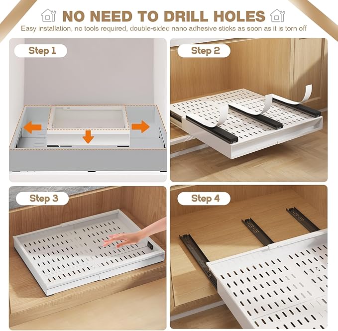 2 Pack Pull Out Cabinet Organizer With Raising Pad for Framed Cabinets,Expandable Width (11"-16") and Depth (13"-17"),3 Slide Rails Slide Out Drawers with Handle,No-Drill Roll Out Shelf,White