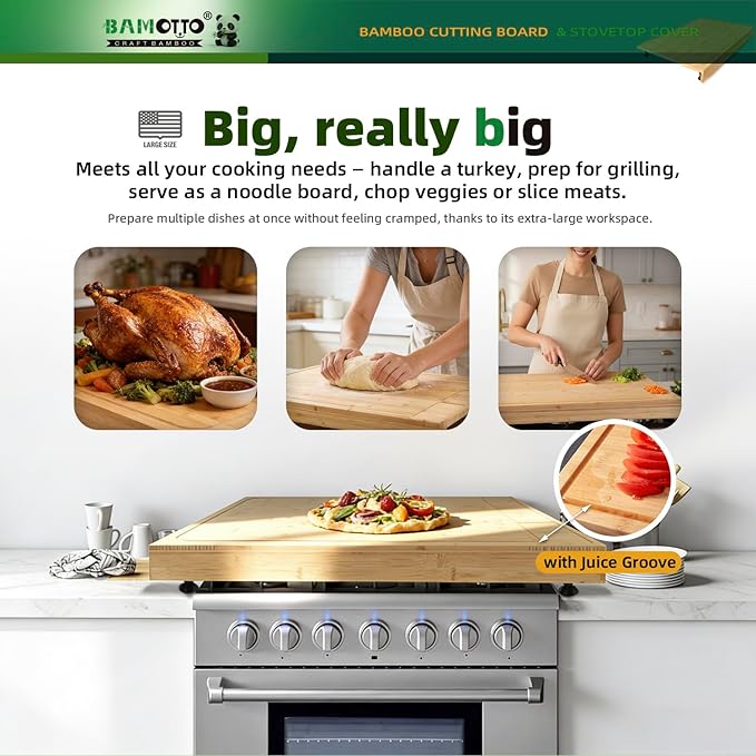 30 x 21 in Extra Large Bamboo Cutting Board, Stovetop Cover, Sink Cover, Noodle Board with Detachable Legs & Detachable Non-Slip Front Lip for Kitchen Countertop