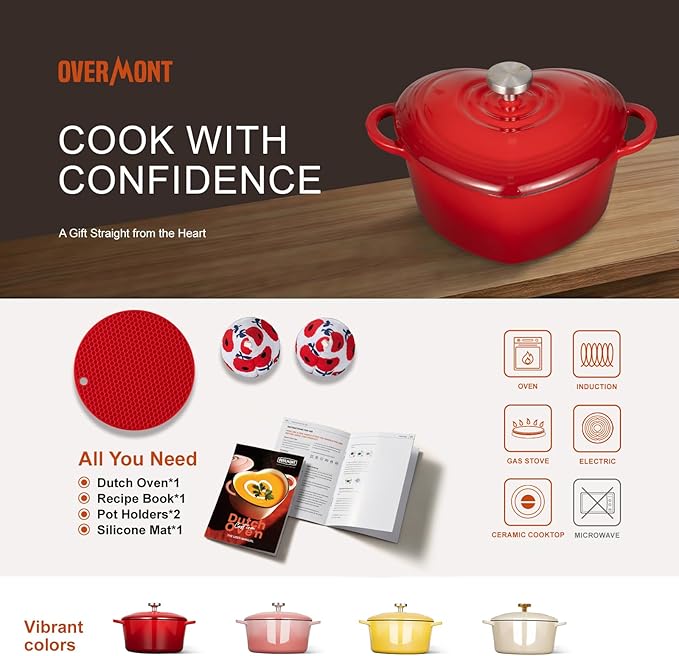 Overmont Enameled Cast Iron Dutch Oven - Heart-Shaped Pot with Lid Cookbook & Cotton Pot Holders - Mini Cookware Oven Safe to 500°F for Bread Baking Soups Stews - Great Gift for Wedding Birthday Housewarming 2QT Red