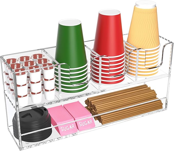 Coffee Condiment and Cup Organizer - 2-Tier Upright Cup and Lid Holder with Straw Organizer 5 Compartments Clear Acrylic Cup Dispenser for Restaurant Breakroom Coffee Station Countertop
