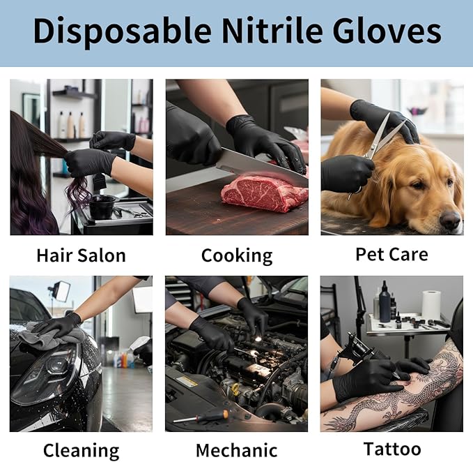 Fixwal 1200pcs Black Disposable Nitrile Gloves, Cleaning Service Gloves, Latex Free, Powder Free, Disposable Gloves for Cooking, Cleaning