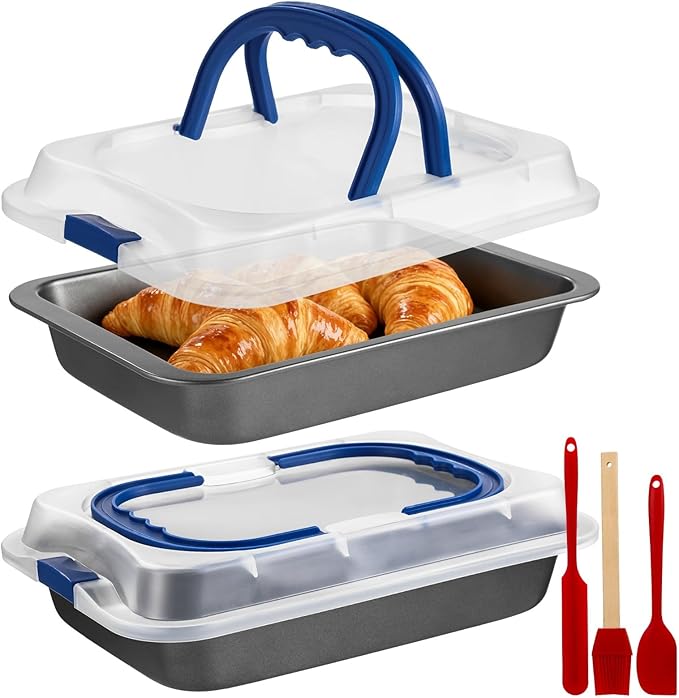 2 PCS Cake Baking Pan 9x13 with Lid & Handle, Nonstick Carbon Steel Baking Tray with Silicone Brush Scraper Spatula, Rectangular Sheet Pan for Cookies Brownie, Roasting Cooking