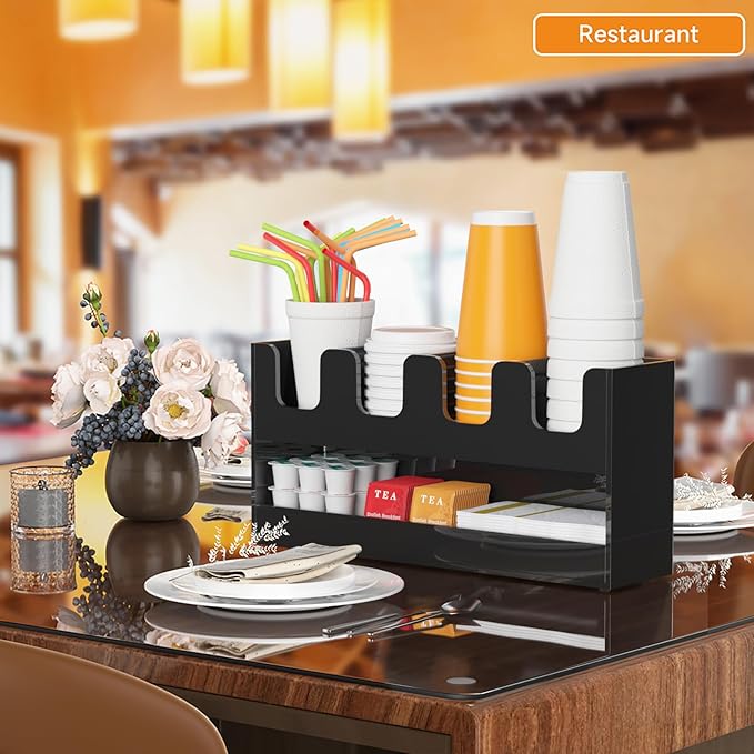 Beego 5-Compartment Cup Holder for Countertop - 2-Tier Black Acrylic Cup Dispenser Coffee Station Paper Cup and Lid Organizer Condiment Storage for Restaurant Breakroom Kitchen Bar Accessories