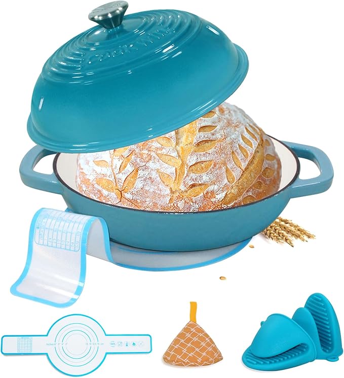 Enameled Cast Iron Bread Oven, 6 Quart Dutch Oven for Bread Sourdough Baking, 11" Thick Enamel Bread Baking Pan Kit with Lid for Stews, Roasts and Gifts for Family, Teal
