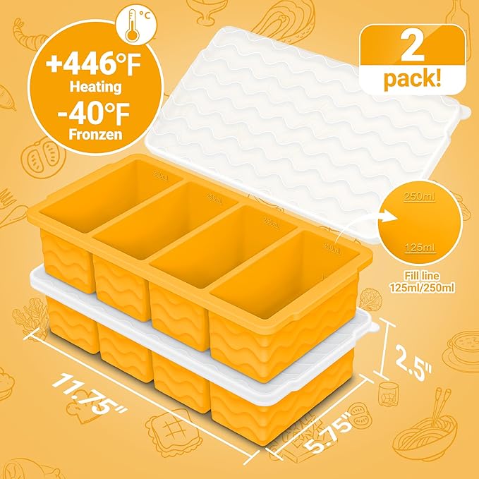 Silicone Freezer Tray for Soup with Lid – 1-Cup Soup Container Cube Style Ice Cube Trays for Freezer, Meal Prep & Food Storage, Freeze 250mL/125mL Portions – 2 Pack