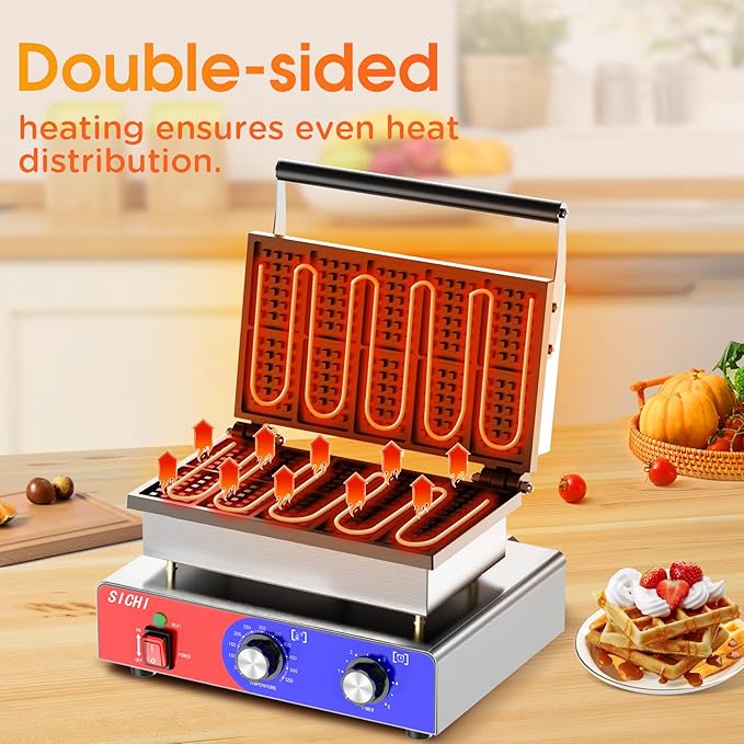 Square Waffle Maker - Commercial Waffle Iron w/Non-stick Baking Pans, 550 ℉ Temperature and Timers, 1550W Hotel Waffle Machine for Double Baking, Professional Stainless Steel Waffle Maker