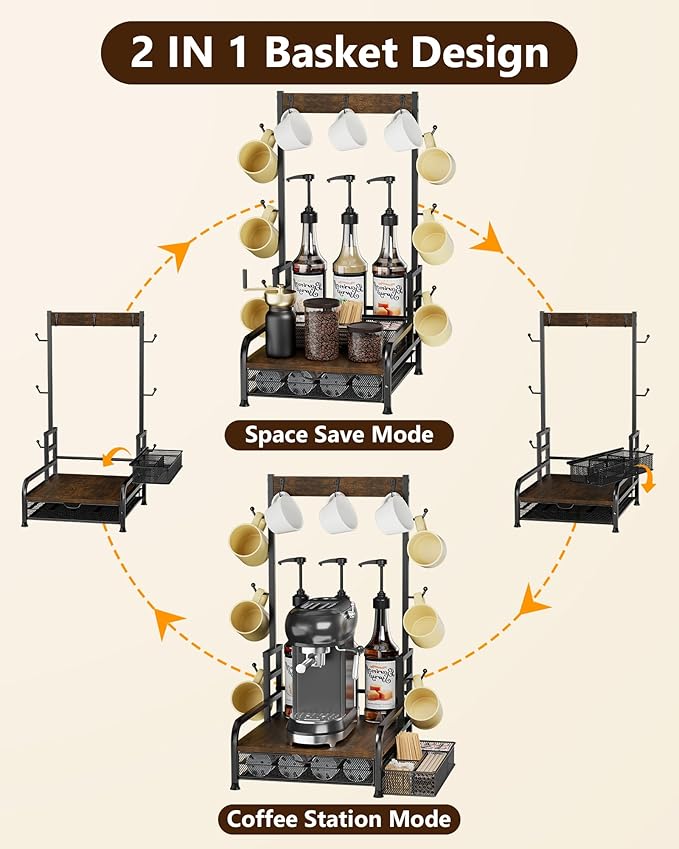 Coffee Station Organizer with Pod Drawer, 40 Pods for Nespresso /28 Pods for K Cup, Coffee Mug Holder with 9 Hooks & 1 Extra Storage Basket, Coffee Bar Organizer for Keurig Machine, Kitchen, Cafe