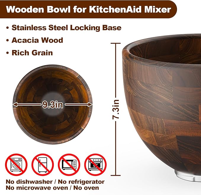 Cofun Premium Wood Mixing Bowl, Compatible with 4.5-5 Qt Tilt-Head Stand Mixers, Natural True Wooden Bowls, 5 Qt Kitchen Aid Bowls for Mixer with Stainless Steel Locking Base