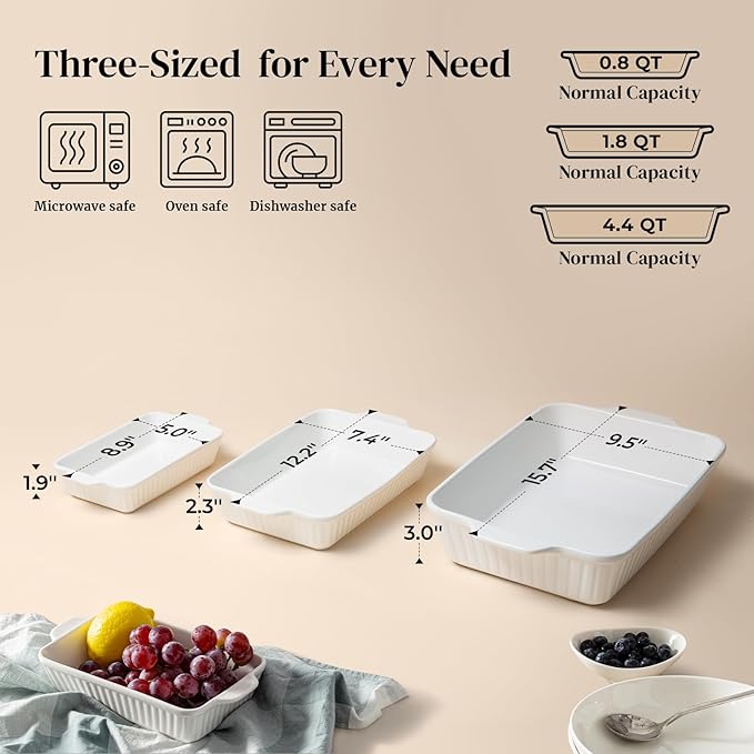 DOWAN Casserole Dishes for Oven, Baking Dishes Set, Ceramic Bakeware Sets of 3, Lasagna Pan Deep, Rectangular Baking Pan Set with Handles for Baking, Casserole, Kitchen, Wedding Gift, Soft White (15.6''/12.2''/8.9'')