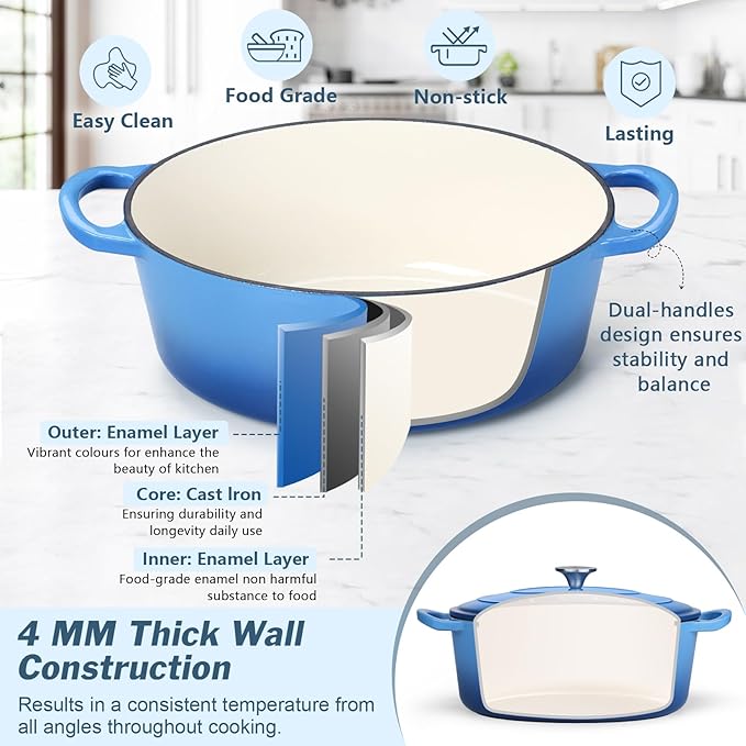 P&P CHEF Oval Dutch Oven with Lid, Enameled Cast Dutch Oven Pot for Bread Baking, Braising, Stewing, Roasting, Non-Stick & Oven Safe, Dual Handles & Easy Clean, 5QT & Blue, Valentine's Day