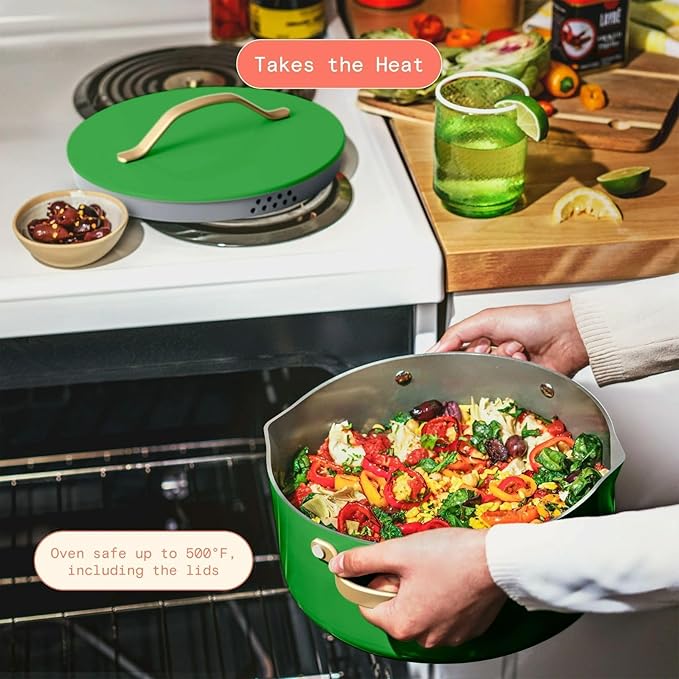 Pans12pc Ceramic Non-Stick Cookware Set by Drew Barrymore, Pots & Pans with Lids, Dishwasher‑Safe,Soft‑Touch Handles, Even‑Heat Base. (Kelly Green)