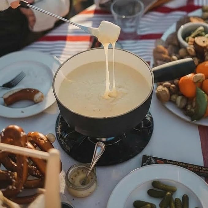 Artestia Cast Iron Fondue Pot Set for Cheese & Chocolate, Fondue Set for 6 with Burner & 6 Forks, Swiss Fondue Pot for Party, Family & Gift, Black