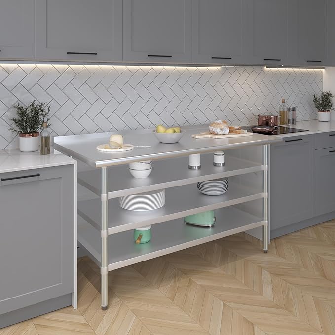 AmGood Stainless Steel Work Table with 1.5" Backsplash and 3 Shelves | Metal Kitchen Food Prep Table | NSF (60" Long x 30" Deep)