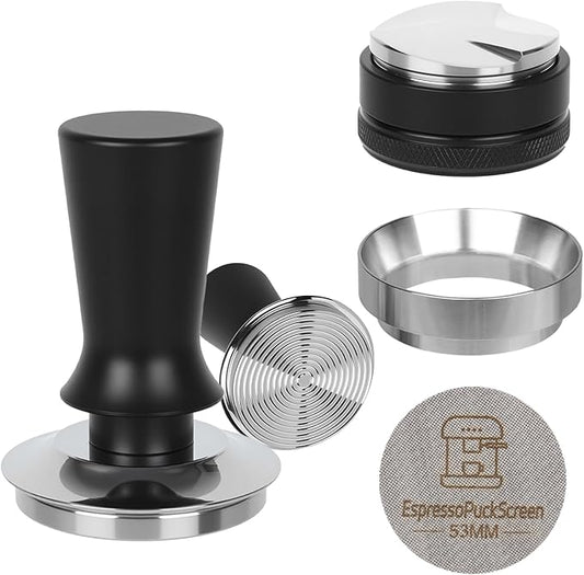 53mm Espresso Tamper Kit - Spring-loaded Coffee Tamper, Adjustable Depth Espresso Distributor Leveler, Magnetic Dosing Funnel Aluminum Metal, Reusable Puck Screen, Fit Breville 54mm Portafilters