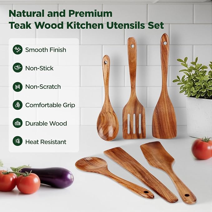 ANBUY Wooden Spoons for Cooking, 6Pcs Kitchen Utensils Set, Heat Resistant Flat Spatulas and Spoons Set for Nonstick Cookware, Smooth Finish, Comfortable Grip(6 Pcs)