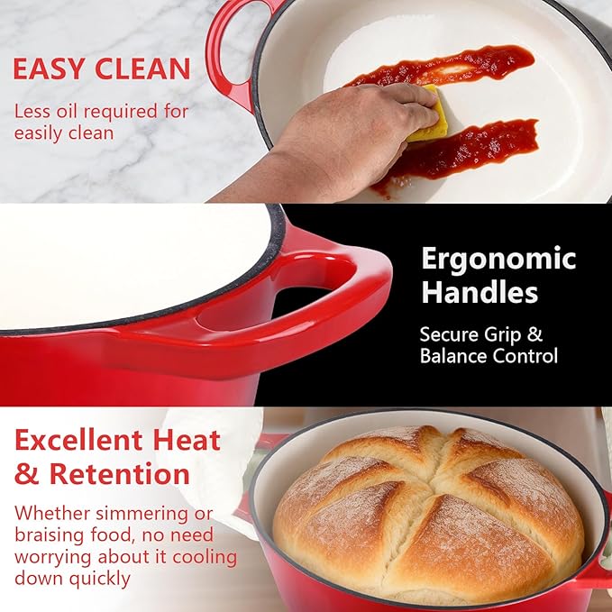 P&P CHEF Oval Dutch Oven with Lid, Enameled Cast Dutch Oven Pot for Bread Baking, Braising, Stewing, Roasting, Non-Stick & Oven Safe, Dual Handles & Easy Clean, 5QT & Red, Valentine's Day