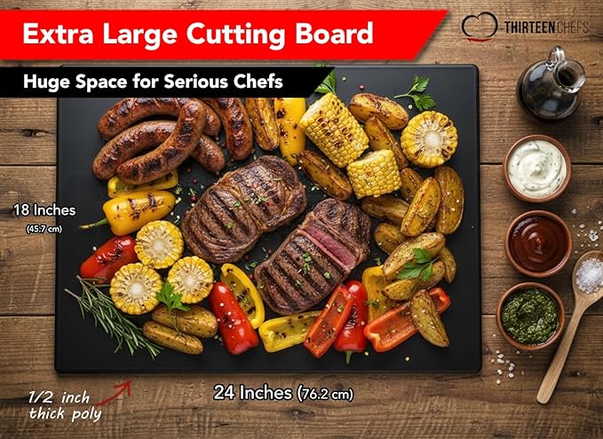 Thirteen Chefs Extra Large 24 x 18 Black Cutting Board - 1/2" Thick HDPE Plastic for Restaurants and Professional Kitchens