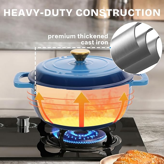 ROVSUN 5 Quart Enameled Cast Iron Dutch Oven with Lid, Dual Handles, Oven Safe up to 500°F or on Stovetop, Compatible for Braising, Stews, Roasting, Bread Baking-Blue