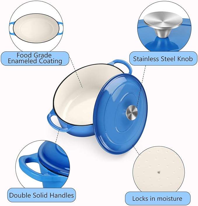 TeamFar Oval Dutch Oven, 5qt Enameled Cast Iron Dutch Oven Pot with Lid, For Bread Baking/Stewing/Braising/Frying, Suitable for Various Stoves, Dual Handles & Easy Cleanup, Blue