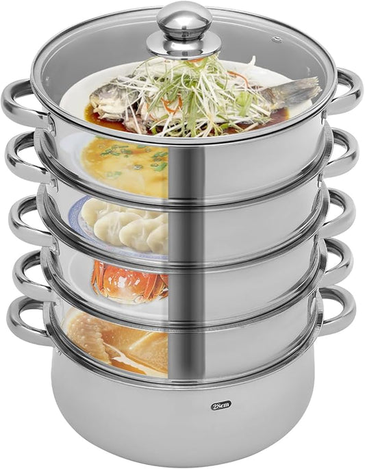 5-Layer Stainless Steel Steamer, 28CM Commercial Food-Grade Steamer Cookware Steaming Pot Tool w/Glass Lid Foods Steamers for Induction Cookers, Electric Ceramic Stoves, Gas Stoves (Silver, 28CM)