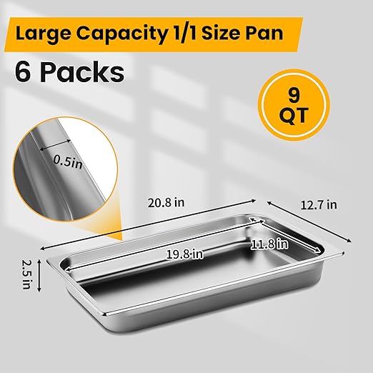 Aplancee Full Size Hotel Pans 2.5 Inch Deep Stainless Steel Food Pan - Anti-Jam 6 Pack Steam Table Pan Set for Catering, Buffet Use, Kitchen Prep