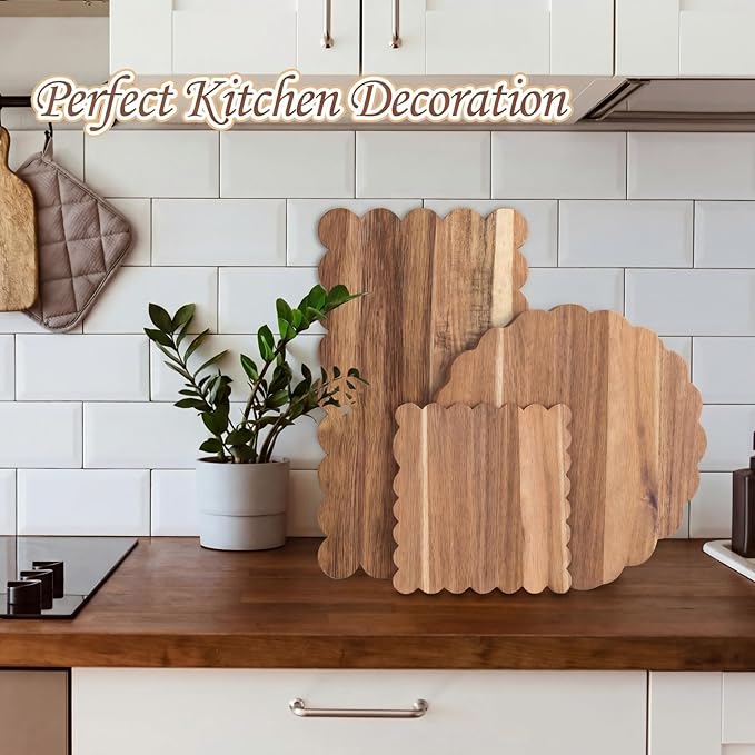 3 Pcs Acacia Wood Scalloped Cutting Boards Set, Decorative Cutting Boards Wooden Charcuterie Board for Grandmillenial Cottage Core Decor Kitchen Cheese Meat Fruit Bread Chopping Blocks