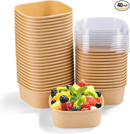 40 Pack 17 oz Paper Bowls, Disposable Food Containers with Lids, Square Disposable Bowls, Disposable Salad Bowls with Lids for Diet Salad, Ice Cream, Yogurt, Party Food