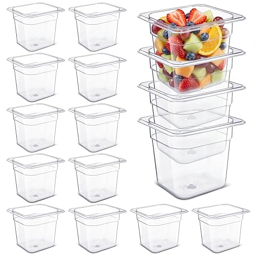 Rtteri 22 Pcs 1/6 Size Clear Plastic Pans Set: 16 Food Prep Containers & 2 Tongs & 4 Spoons for Salad Bar Buffet Restaurant Hotel Commercial Home for Fruit Vegetable Sauce Bean Corn Deli(6 Inch Deep)