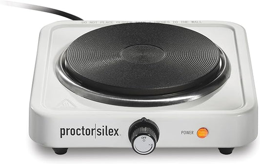 Proctor Silex Portable Electric Stove, Cast Iron Single Burner Cooktop, Compact, Adjustable Temperature Hot Plate, 1000 Watts, White (34107)