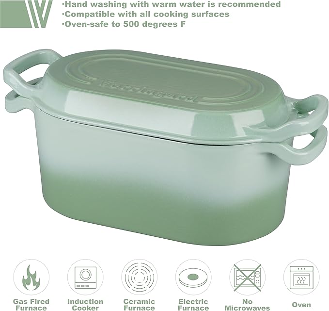 Oval Dutch Oven Pot with Lid, Enamel Coating Cast Iron Bread Pans for Homemade Sourdough Bread Baking, Cooking, 4 Quart, Green