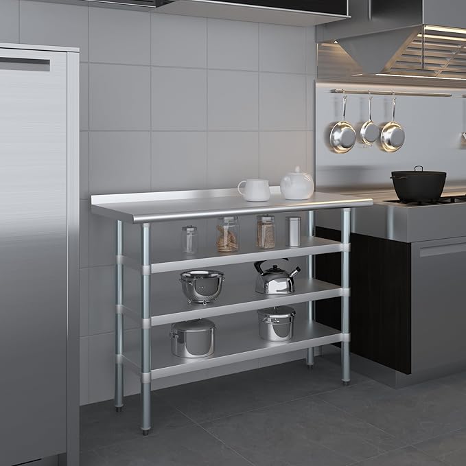 AmGood Stainless Steel Work Table with 1.5" Backsplash and 3 Shelves | Metal Kitchen Food Prep Table | NSF (48" Long x 18" Deep)