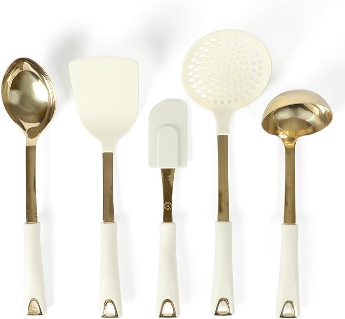 Martha Stewart Lockton 5-Piece Kitchen Tool Set – Stainless Steel & Nylon Cooking Utensils with Linen Handles and Gold Accents, Durable Heat-Resistant Kitchen Gadgets