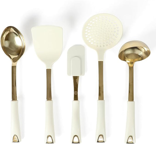 Martha Stewart Lockton 5-Piece Kitchen Tool Set – Stainless Steel & Nylon Cooking Utensils with Linen Handles and Gold Accents, Durable Heat-Resistant Kitchen Gadgets