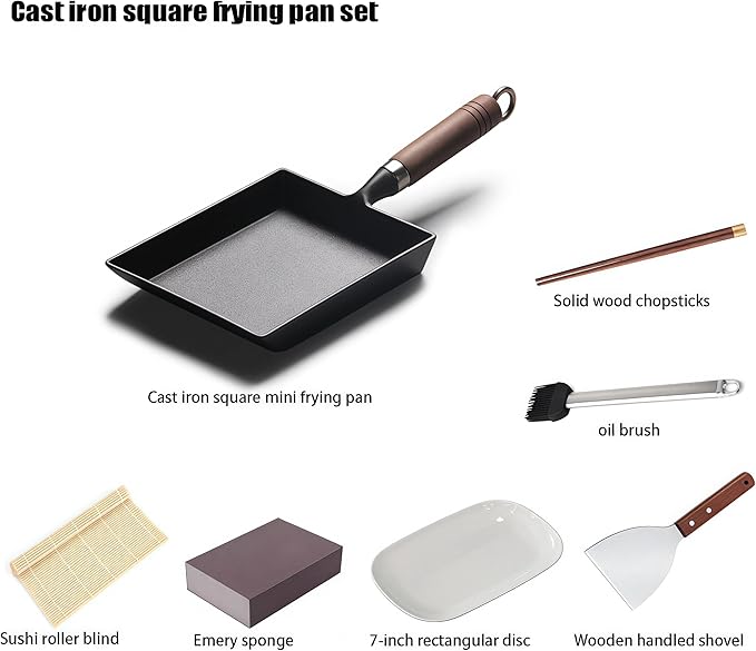 Japanese Cast Iron Tamagoyaki Pan - Pre-Seasoned, Liquid Nitrogen Treated, Non-Rust, Ready to Use, Detachable Wood Handle, Oven Safe, for Omelets, Steak & Camping, Chemical-Free Non-Stick,9x7 Inch