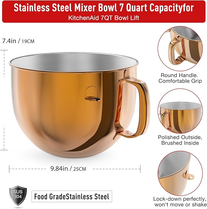 7QT Stainless Steel Mixer Bowl for Kitchenaid Stand Mixers, Kitchen Aid Mixing Bowl for 7QT Lift Mixer with Handle Copper