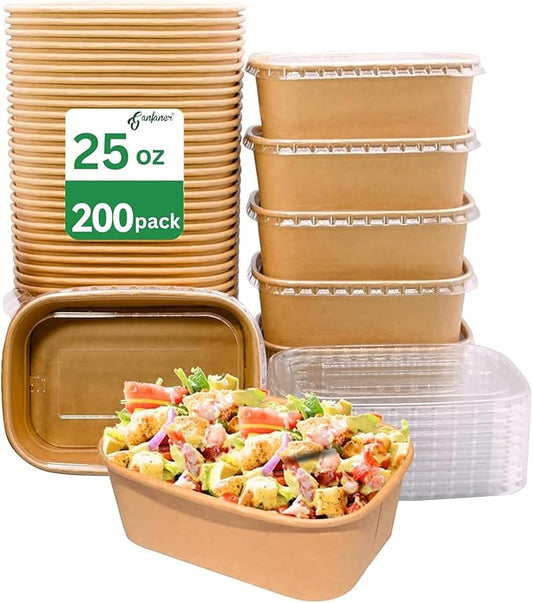 25 oz Disposable Bowls, 200 Sets Large Kraft Square Paper Bowls, Disposable Meal Prep Food Container with Sealing Lid, Microwave Safe Leakproof Serving Bowls, Perfect for Party Lunch Hot Soup