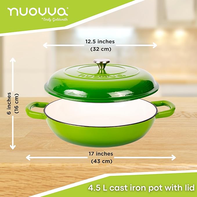 Shallow Cast Iron Casserole with Lid – Non Stick Dutch Oven Pot, Oven Safe up to 500° F – Sturdy Ovenproof Stockpot Cookware – Enamelled Cooking Pot – Green, 5-Quart, 32cm – by Nuovva
